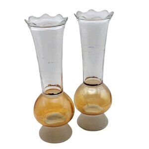 Vintage MCM Amber & Clear Glass Bud Vases Scalloped Edge Gold Trim Set of 2
